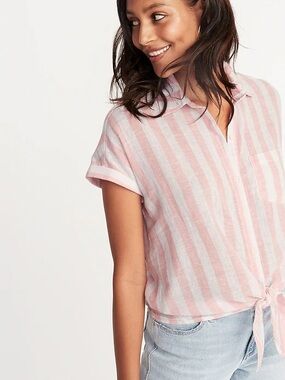 Old Navy Pink and White Striped Button-Front Tie Hem Shirt